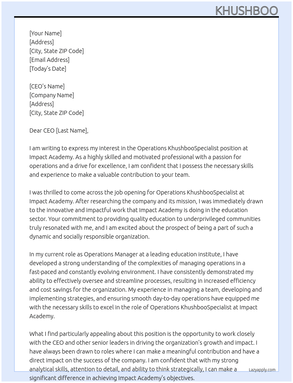 Operations KhushbooSpecialist At Impact Academy Cover Letter