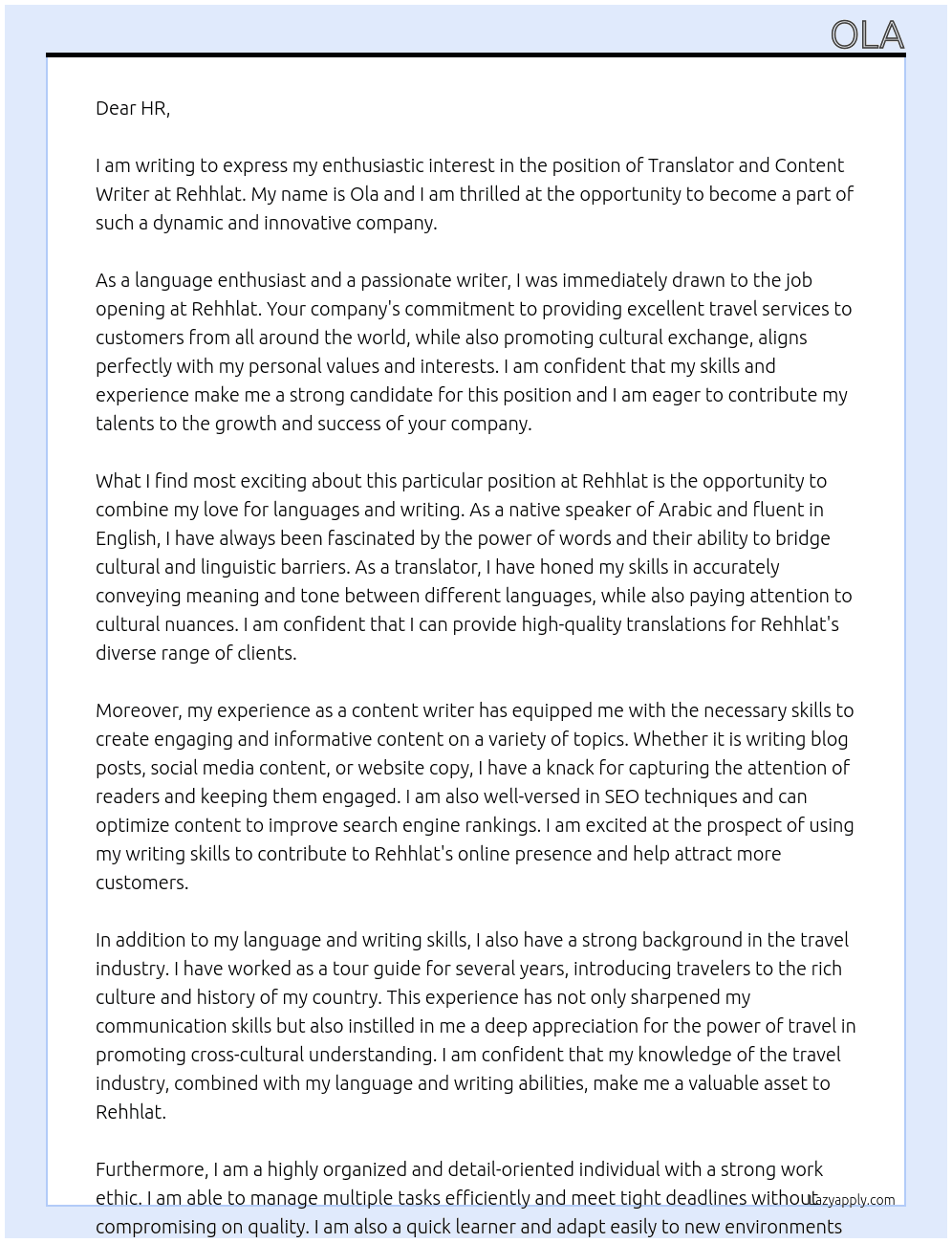 Translator and Content Writer At Rehhlat Cover Letter