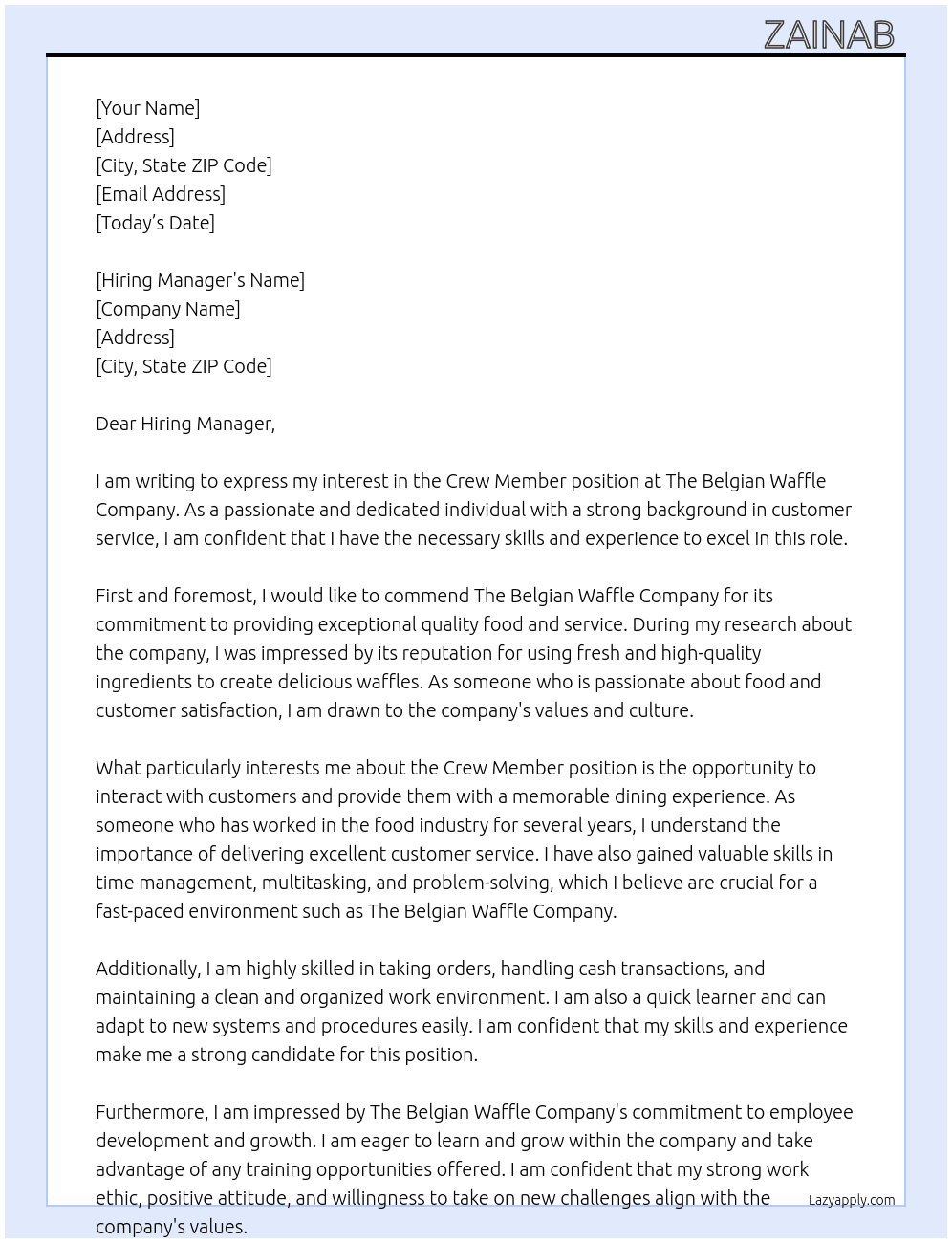 Crew member  At the belgian waffle company  Cover Letter