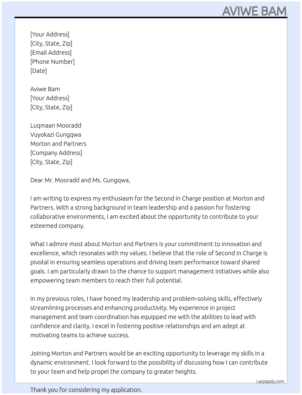 Cover letter for second in charge - LazyApply