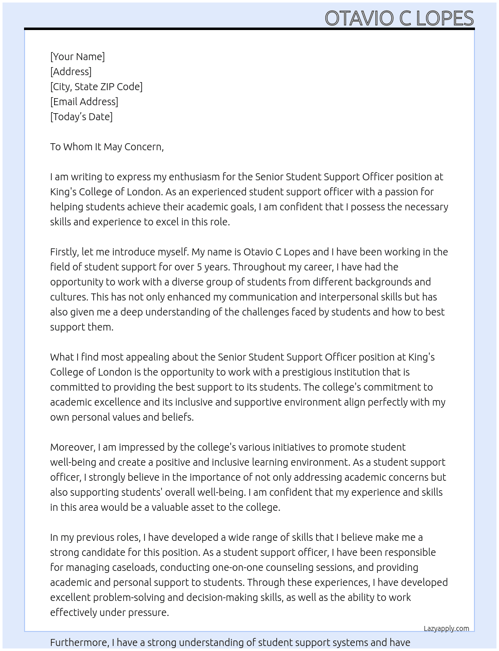 Senior Student Support Officer At King's College of London Cover Letter