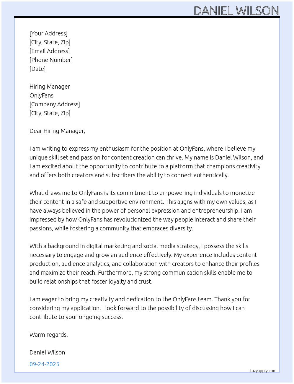 Onlyfans job application At Onlyfans Cover Letter