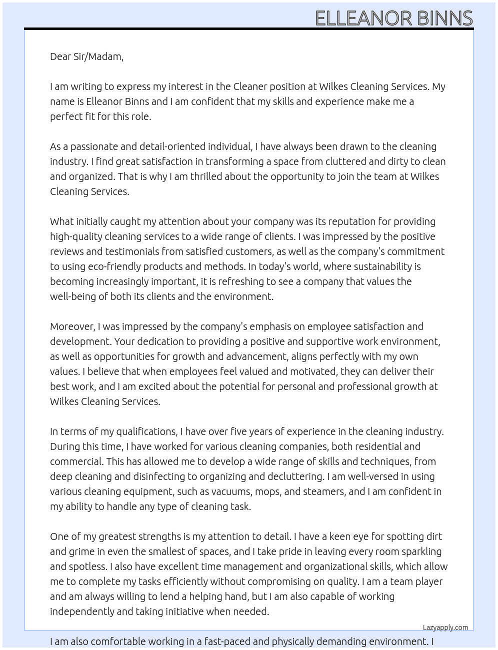 Cleaner At Wilkes Cleaning Services Cover Letter