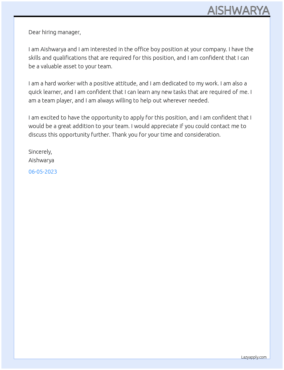 office boy At own Cover Letter