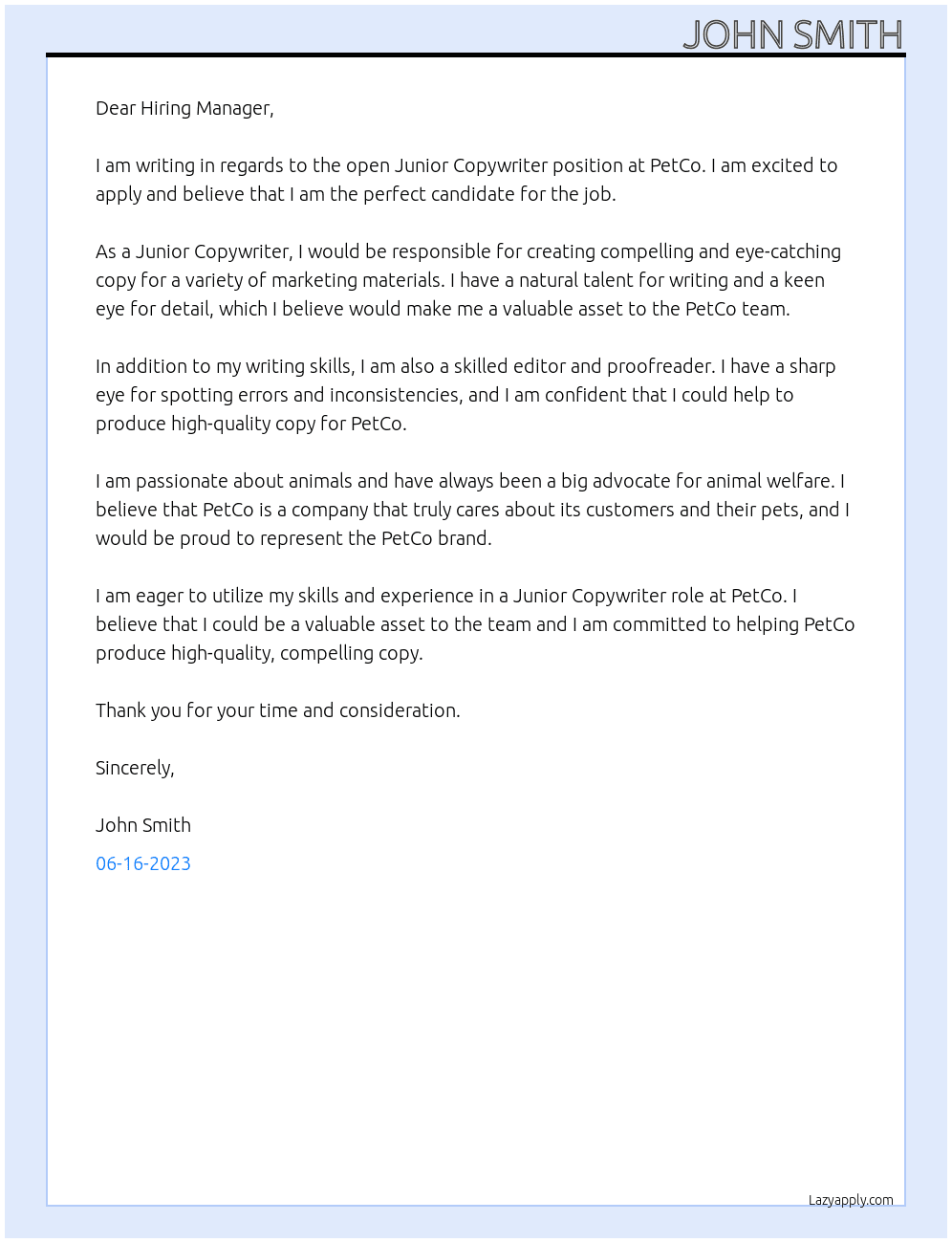 Junior Copywriter At PetCo. Cover Letter