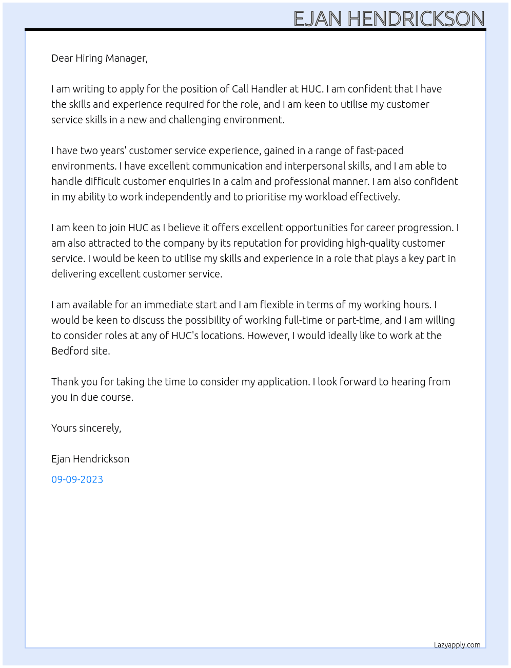 Call Handler At HUC Cover Letter