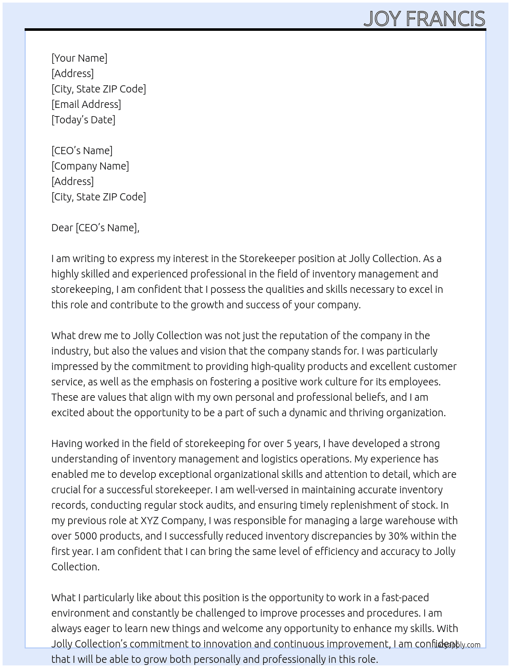 Storekeeper At Jolly collection Cover Letter