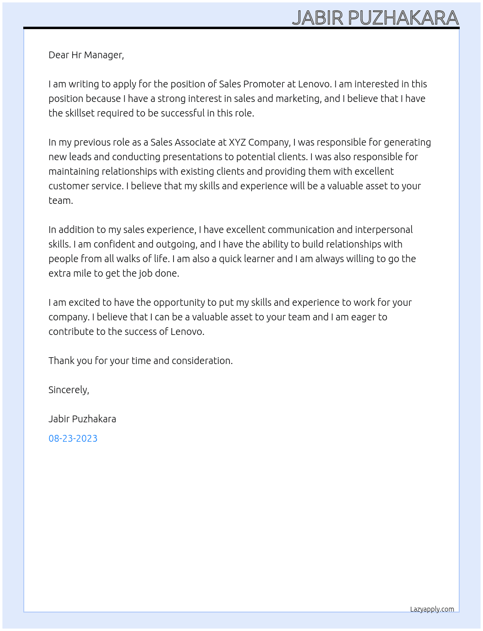 Sales promoter  At Lenovo Cover Letter