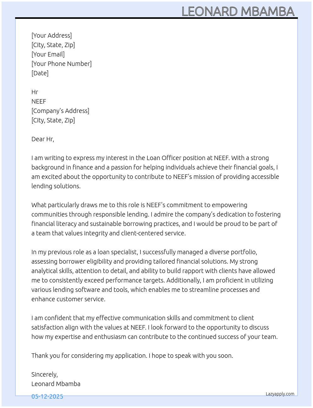 Loan Officer  At NEEF Cover Letter