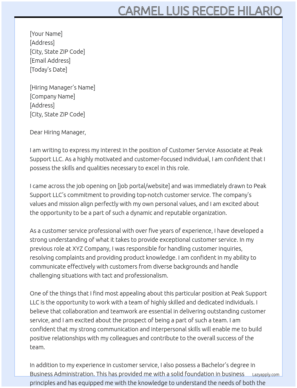 Customer Service Associate At Peak Support LLC Cover Letter