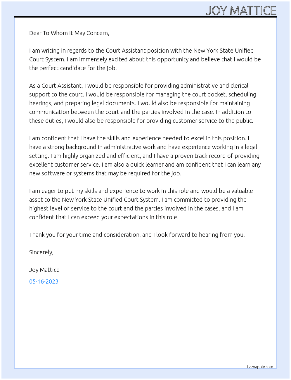 Court Assistant At New York State Unified Court System Cover Letter