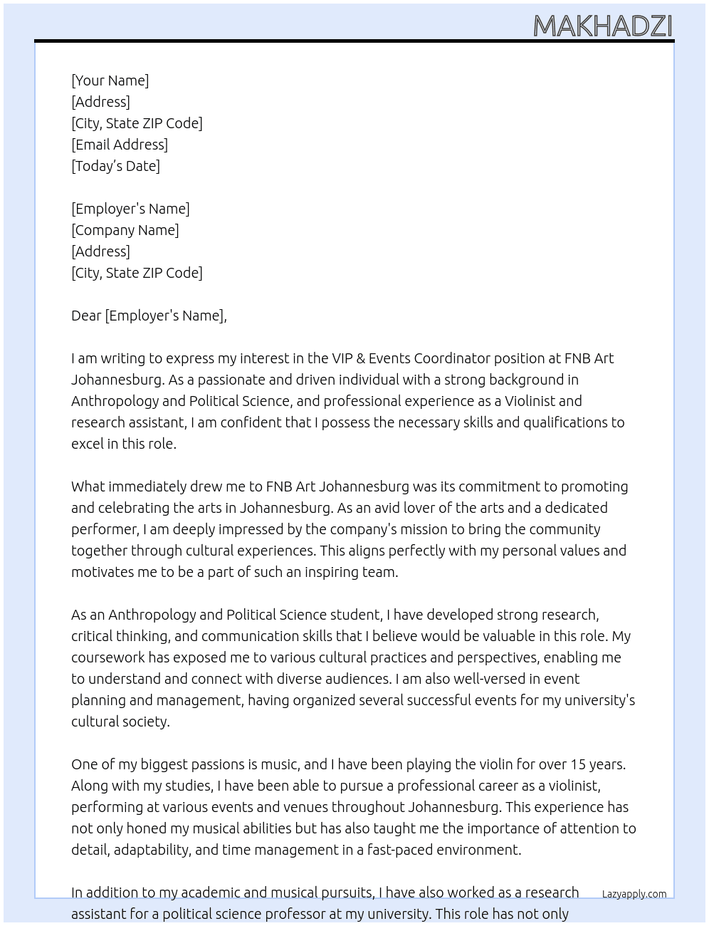 VIP & Events Coordinator  At FNB Art Johannesburg  Cover Letter