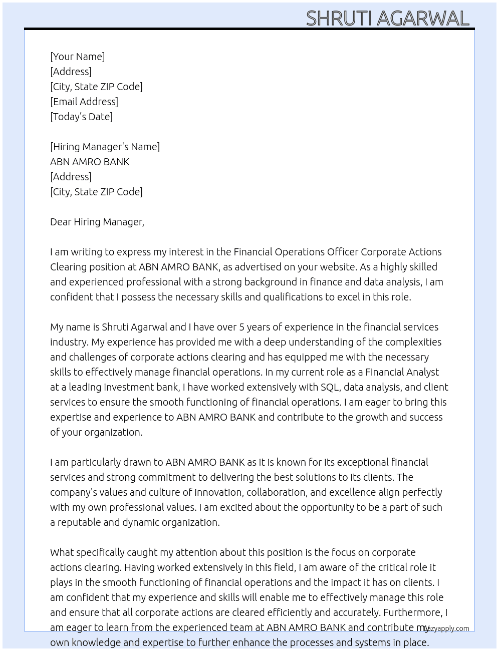 Financial Operations Officer Corporate Actions Clearing At ABN AMRO BANK  Cover Letter