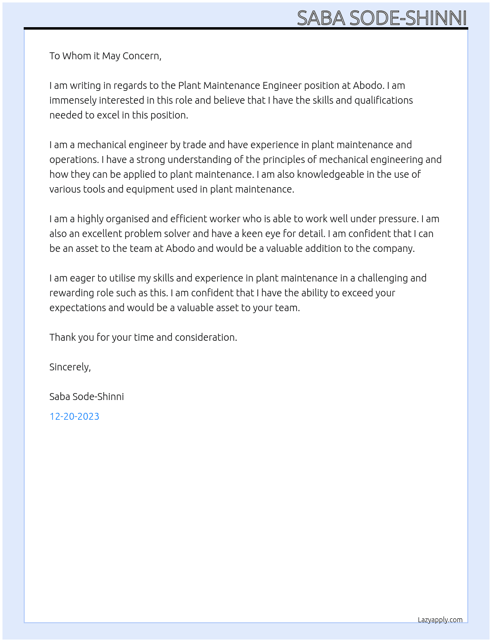 Plant Maintenance Engineer At Abodo Cover Letter