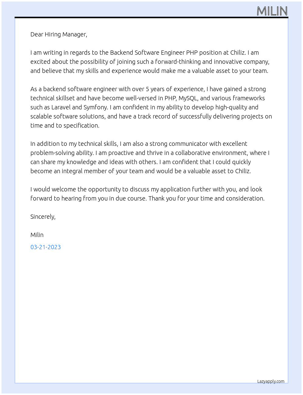 Backend Software Engineer PHP At Chiliz Cover Letter