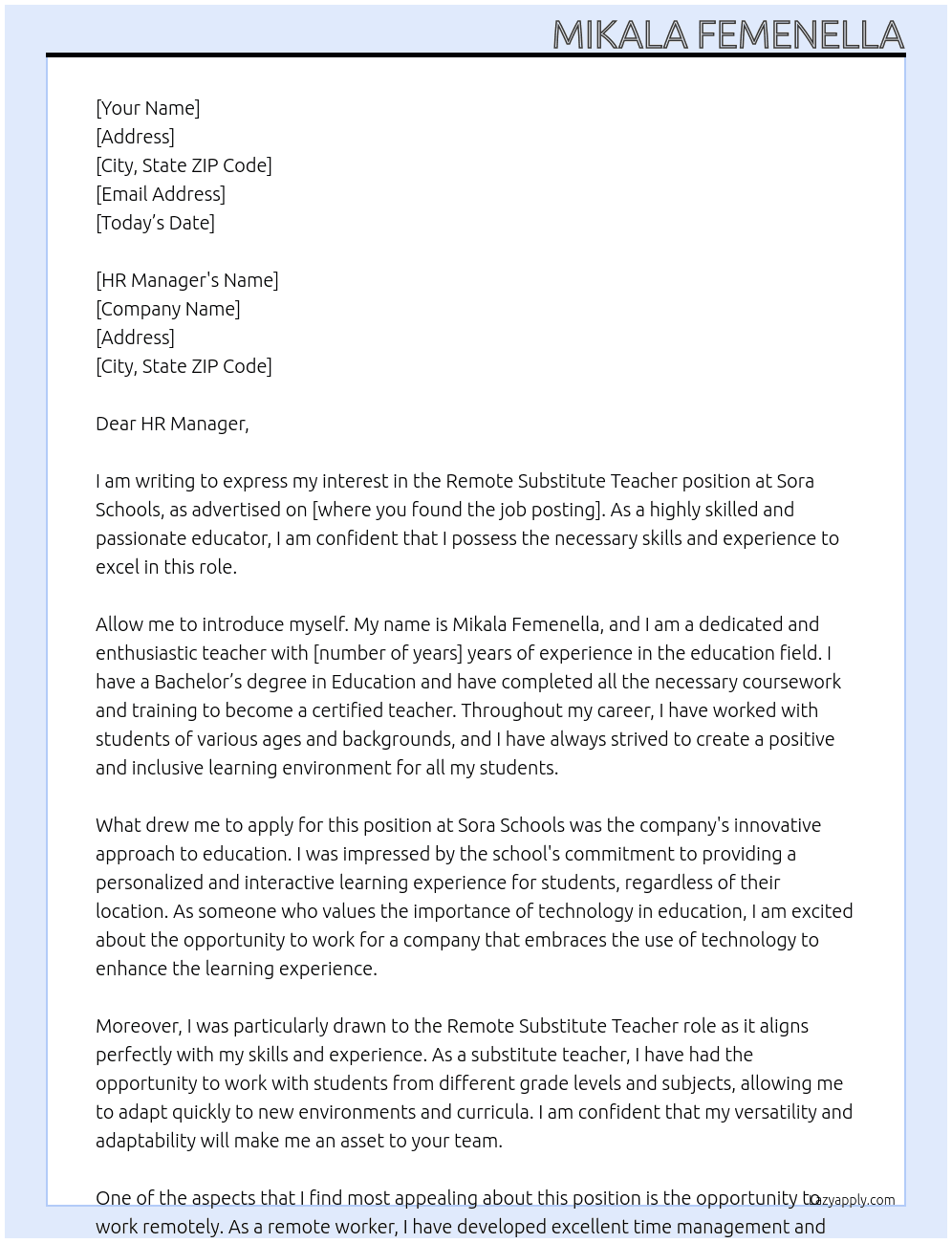 Remote Substitute Teacher  At Sora Schools Cover Letter