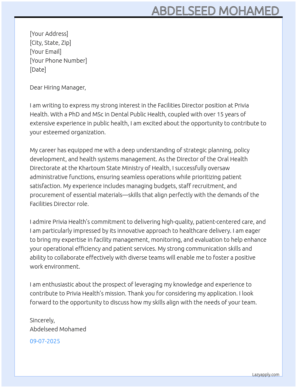 Facilities Director - Healthcare At Privia Health Cover Letter
