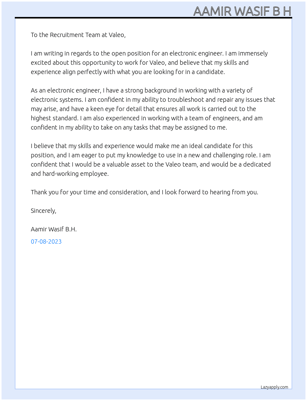 Electronic engineer At Valeo Cover Letter