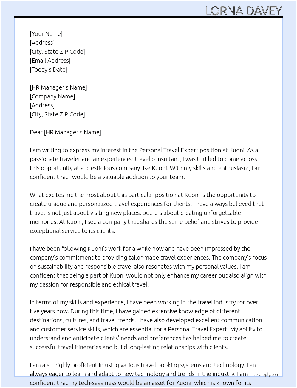 Personal Travel Expert  At Kuoni Cover Letter