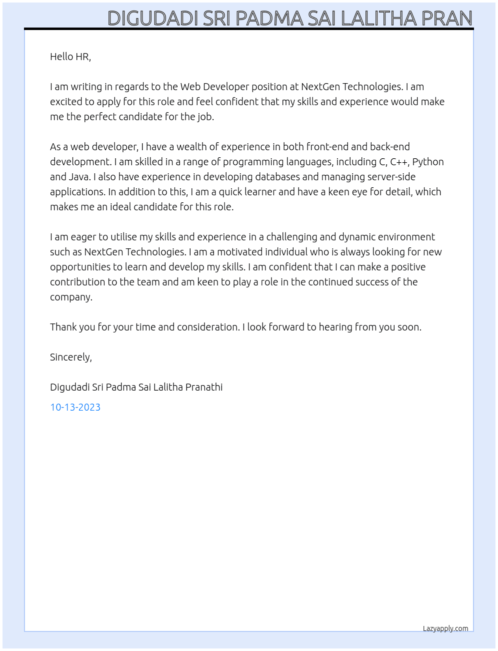 Web Developer  At NextGen Technologies  Cover Letter