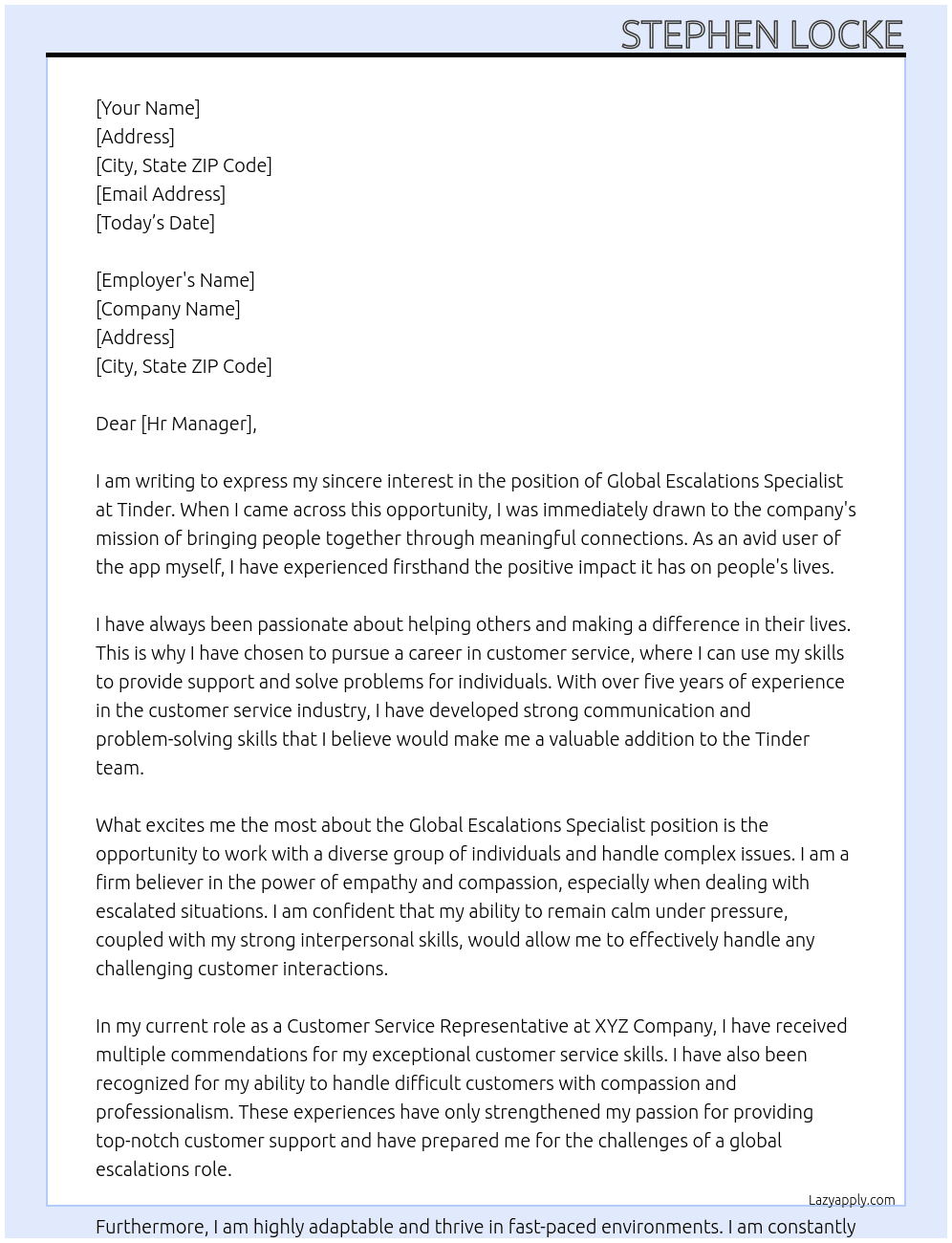 Global escalations specialist At Tinder Cover Letter