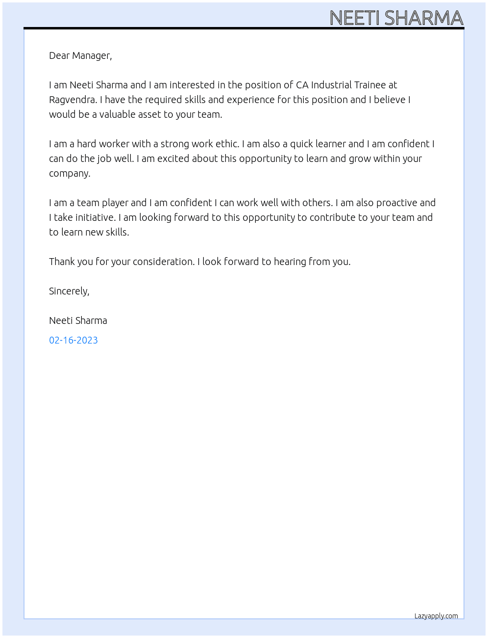 CA Industrial Trainee At Ragvendra Cover Letter