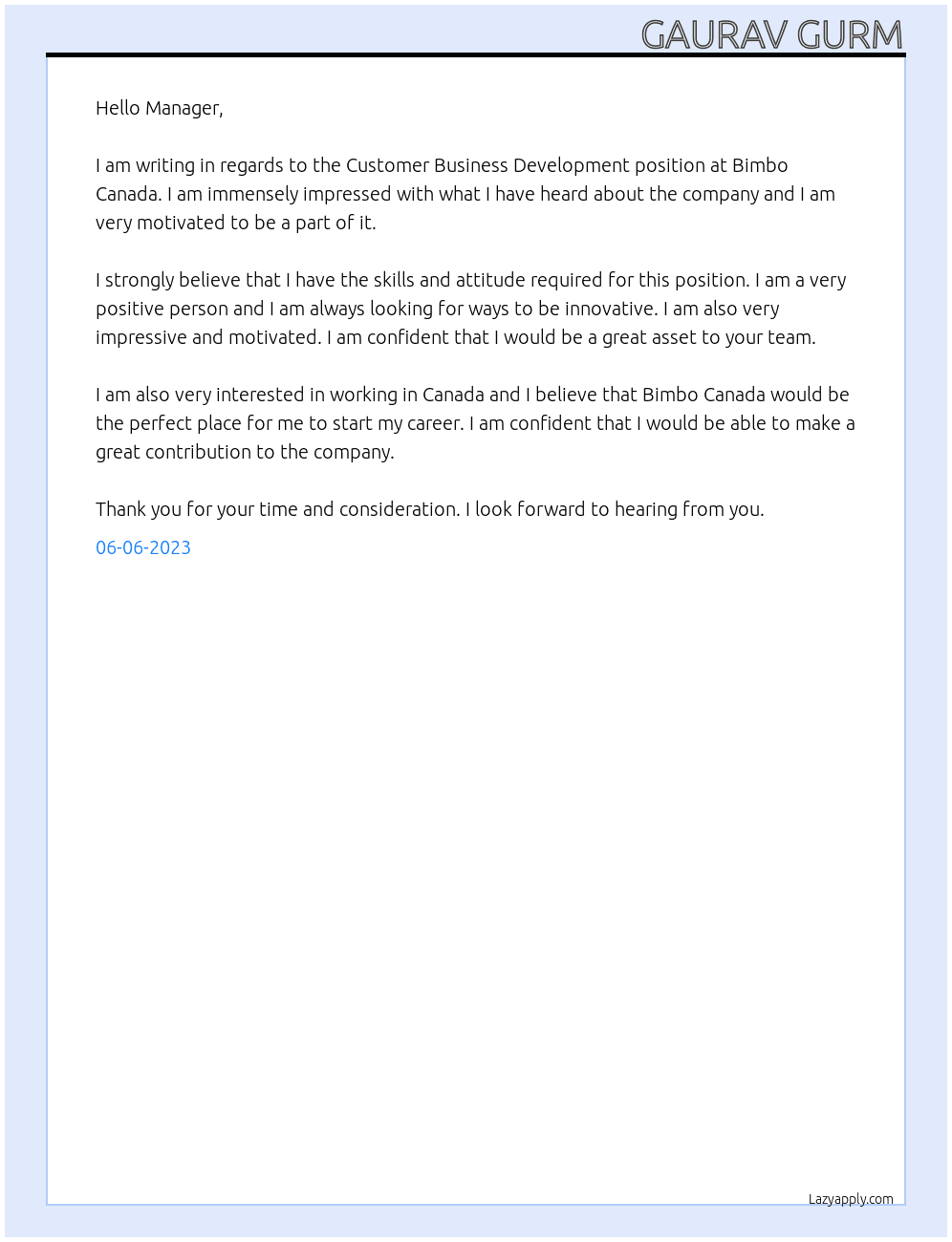 Customer business development At Bimbo canada Cover Letter