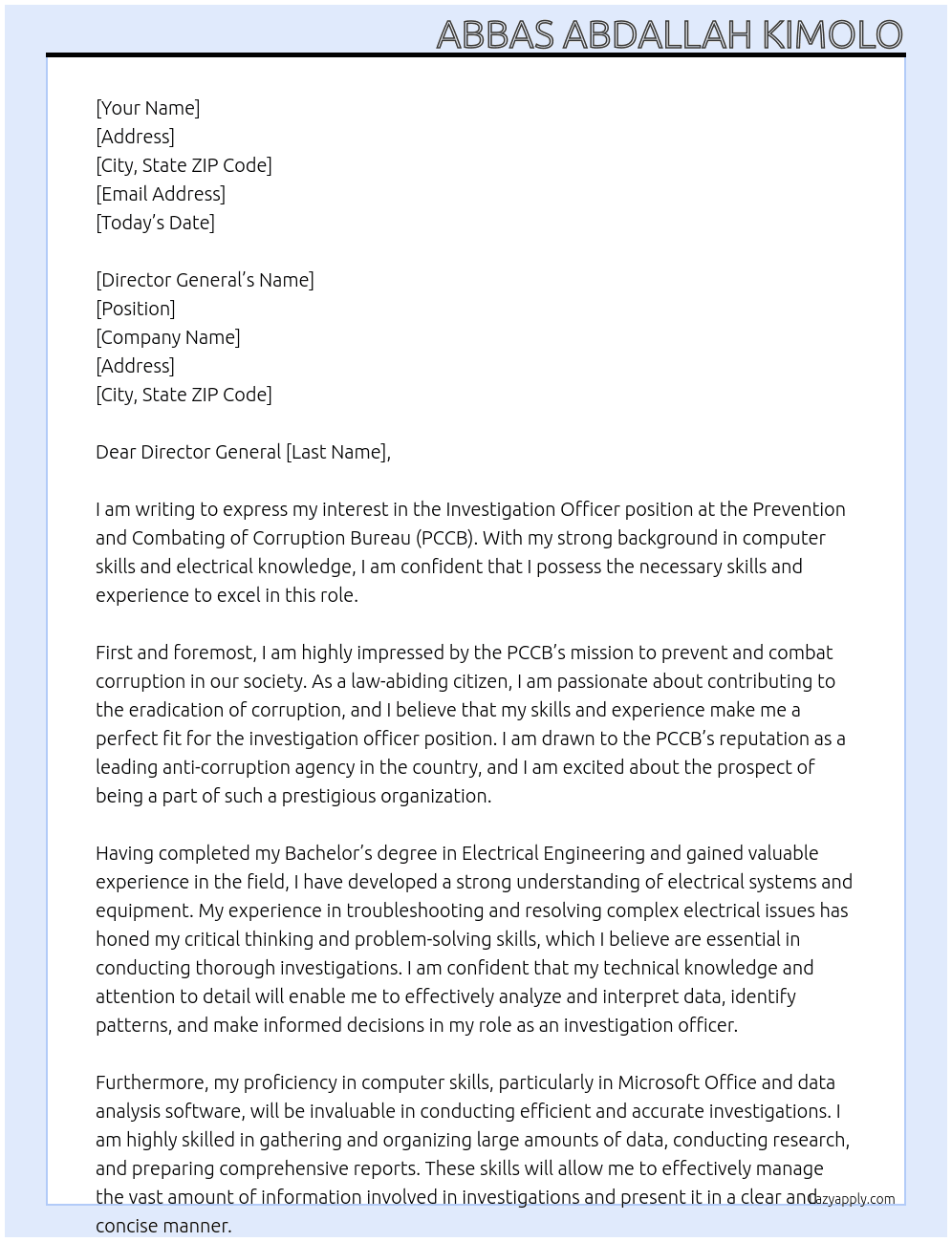 Investigation Officer At Prevention and Combating of Corruption Bureau PCCB Cover Letter