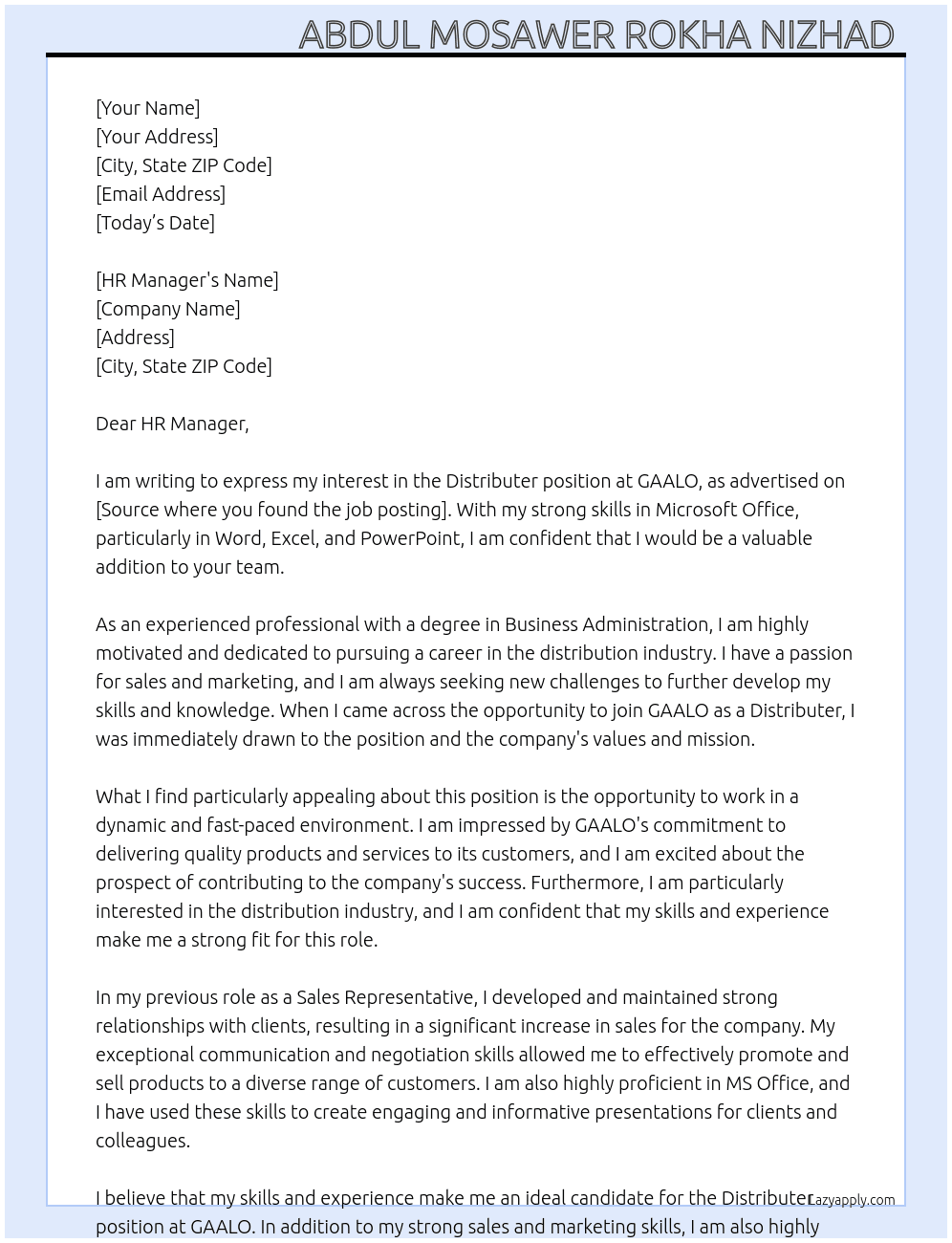 distributer  At GAALO Cover Letter
