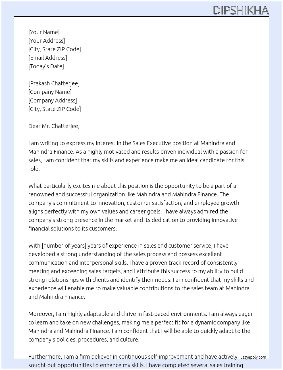  SALES EXECUTIVE At MAHINDRA AND MAHINDRA FINANCE Cover Letter