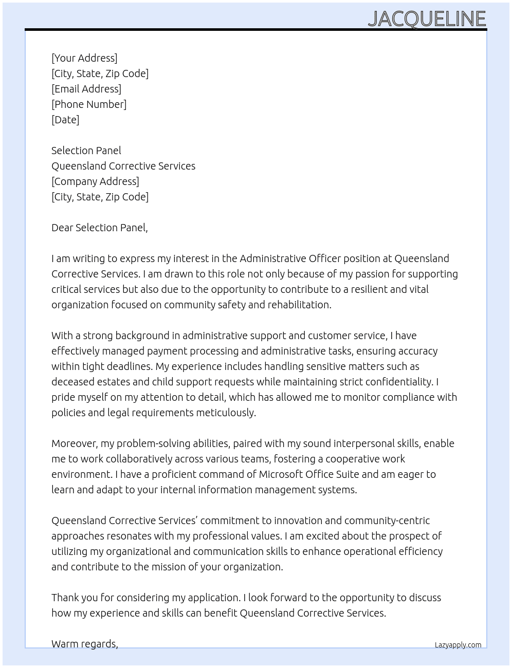 Administrative Officer At Queensland Corrective Services Cover Letter