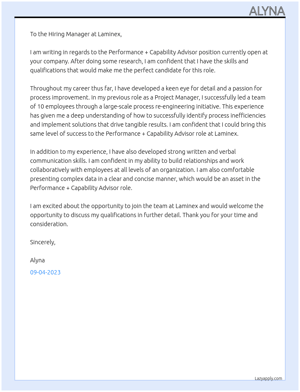 Performance + Capability Advisor At Laminex Cover Letter