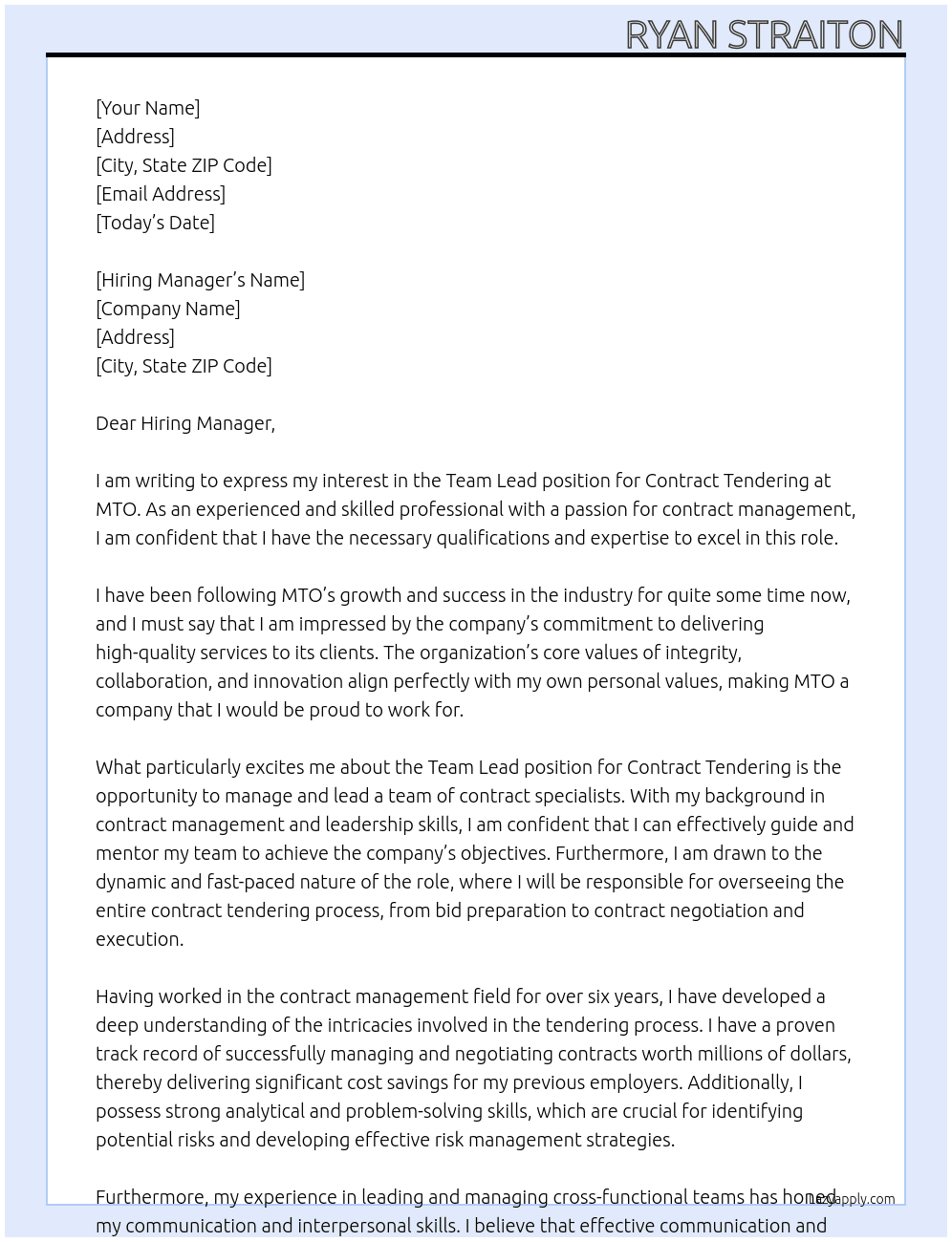 Team Lead, Contract Tendering At MTO Cover Letter