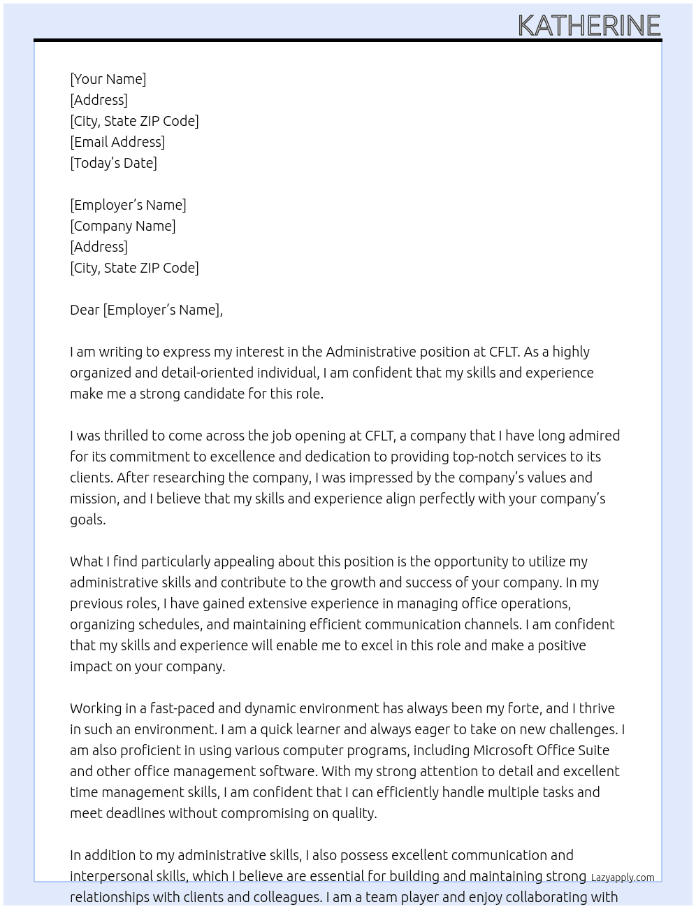 Administrative  At CFLT Cover Letter