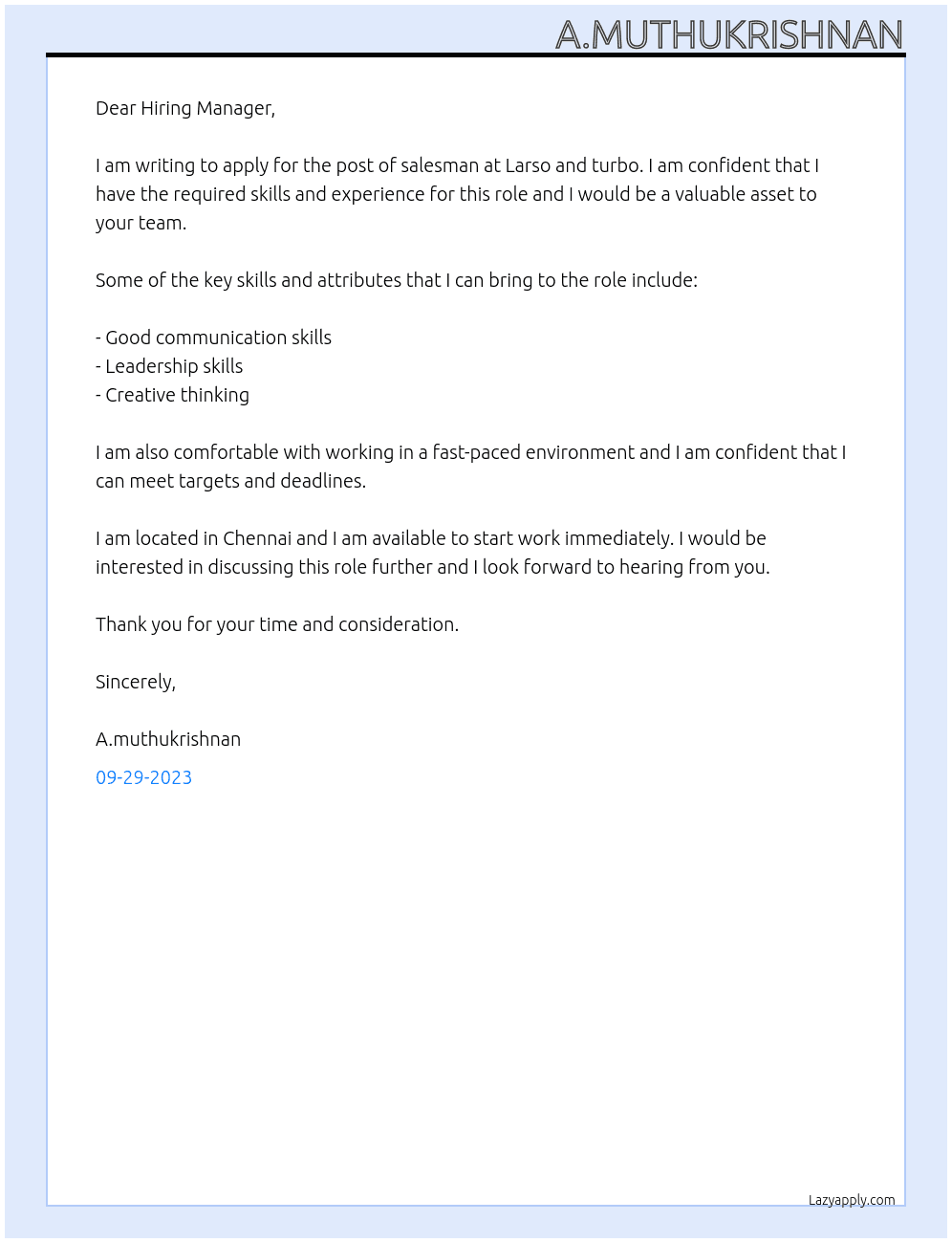 Sal At Larso and turbo Cover Letter