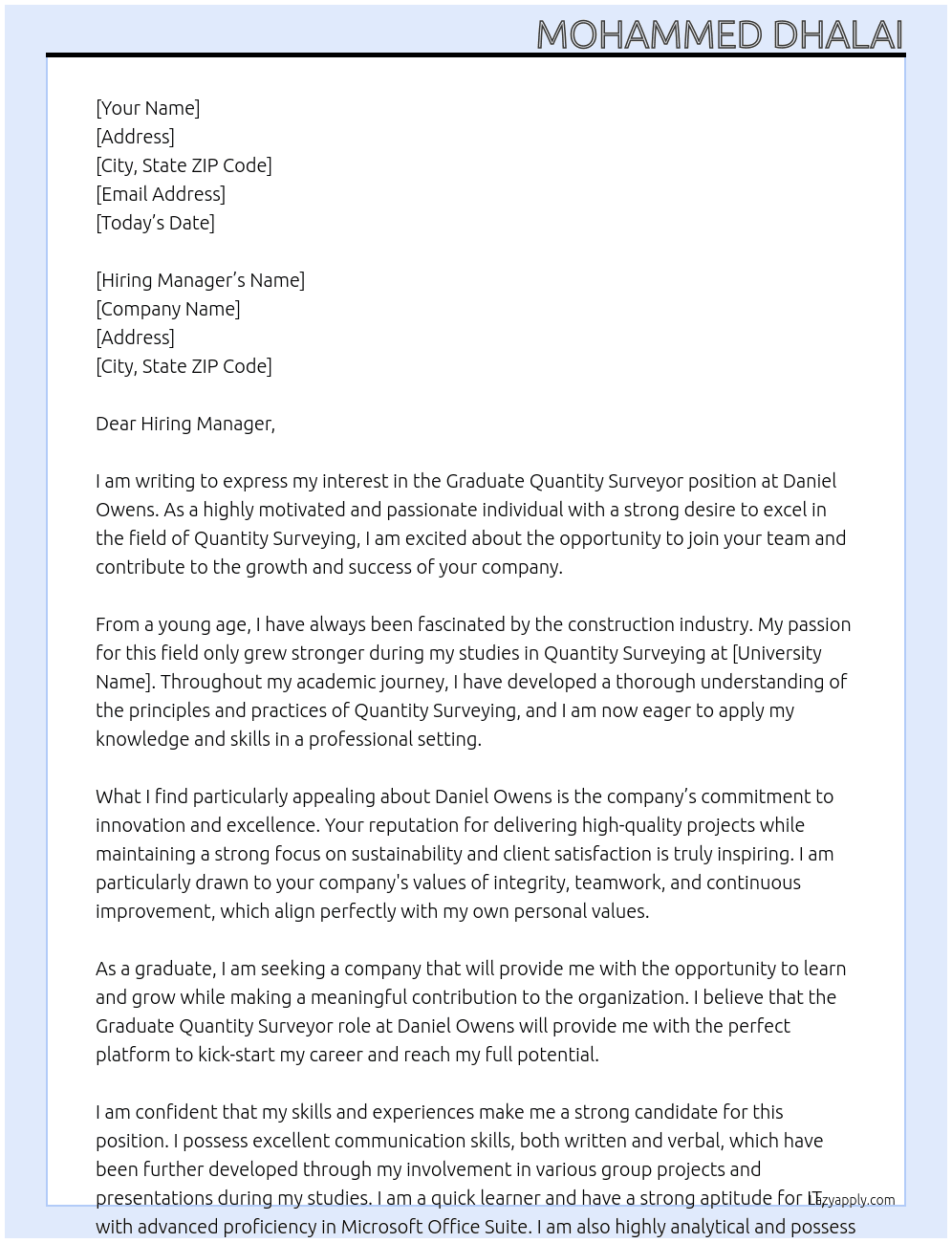 Graduate Quantity Surveyor At Daniel Owens Cover Letter