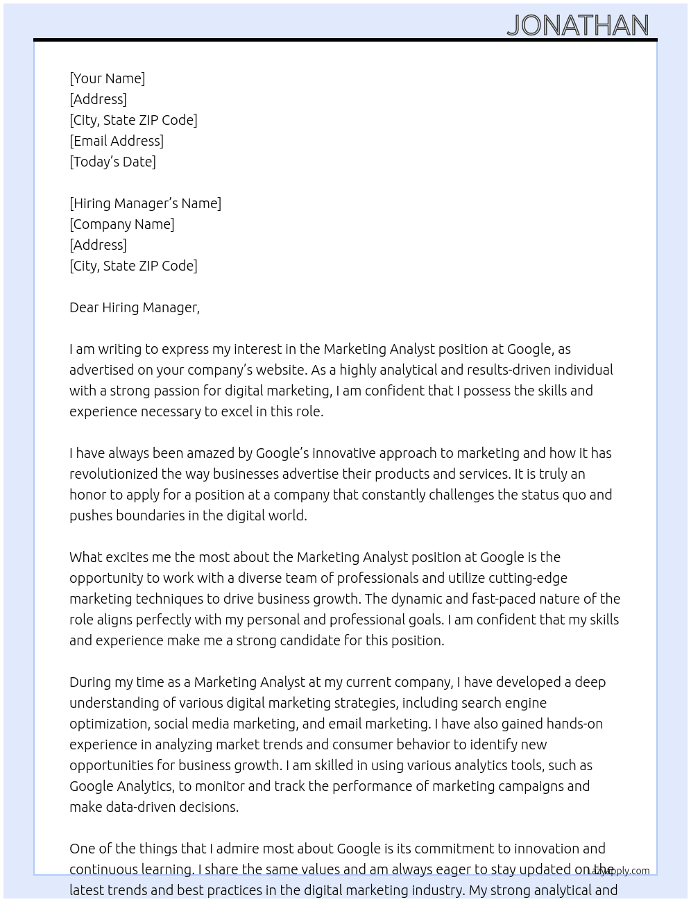 Marketing Analyst  At Google Cover Letter
