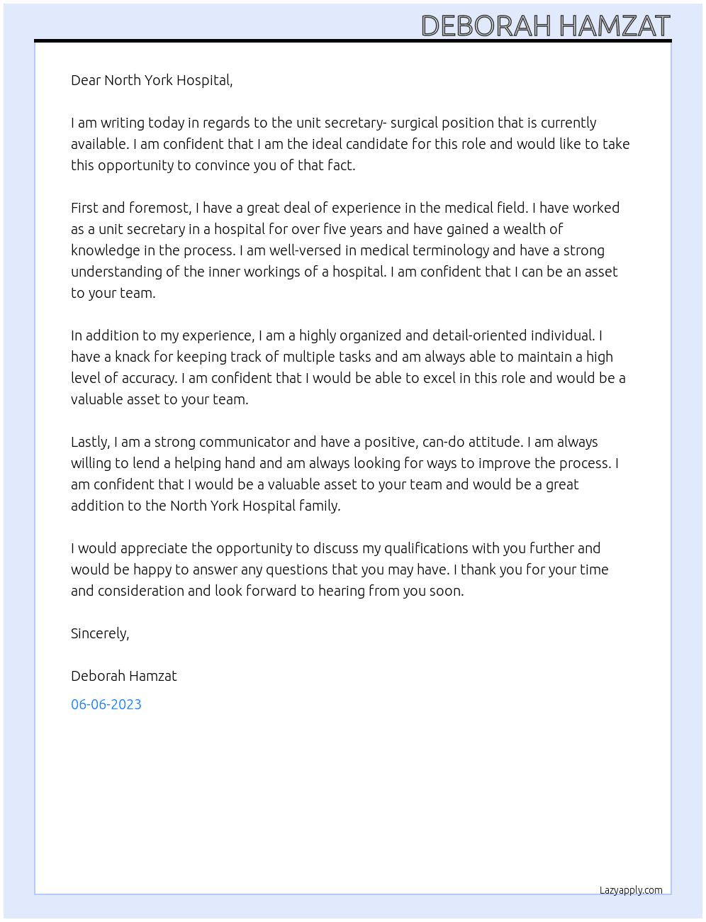 Unit Secretary- Surgical At North York Hospital Cover Letter