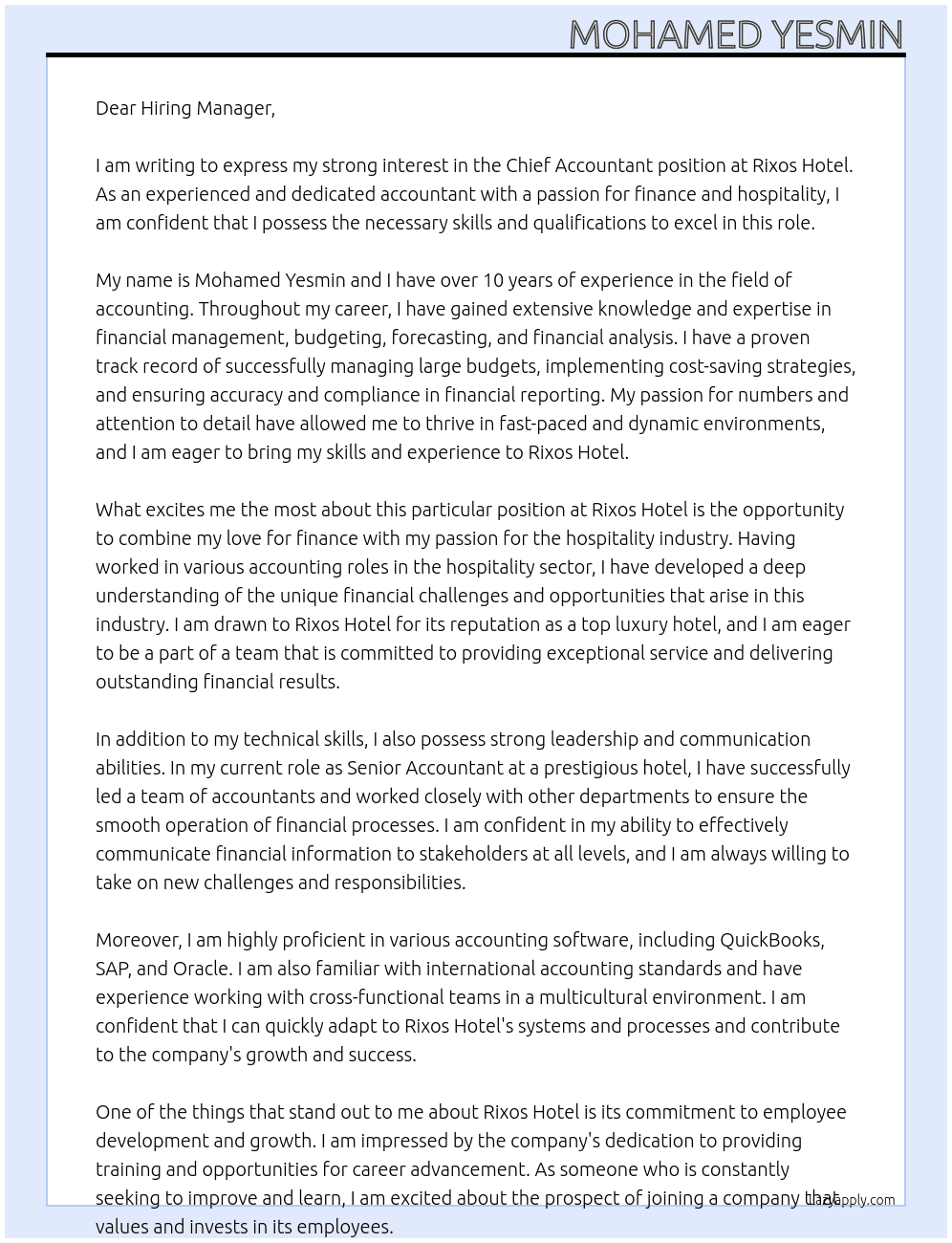 Chief Accountant At Rixos Hotel Cover Letter