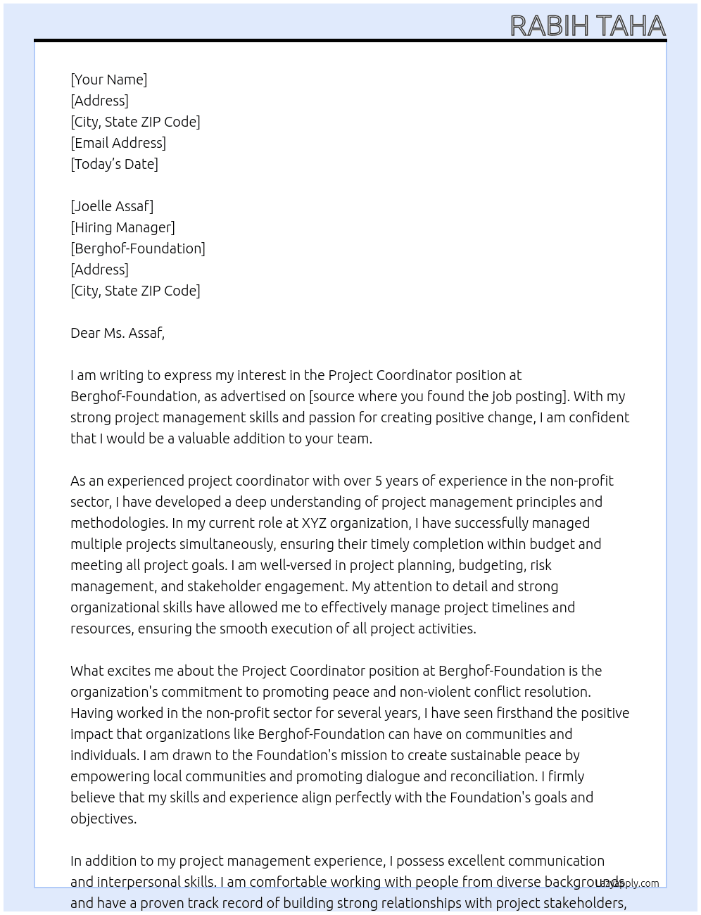 Project coordinator  At berghof-foundation Cover Letter