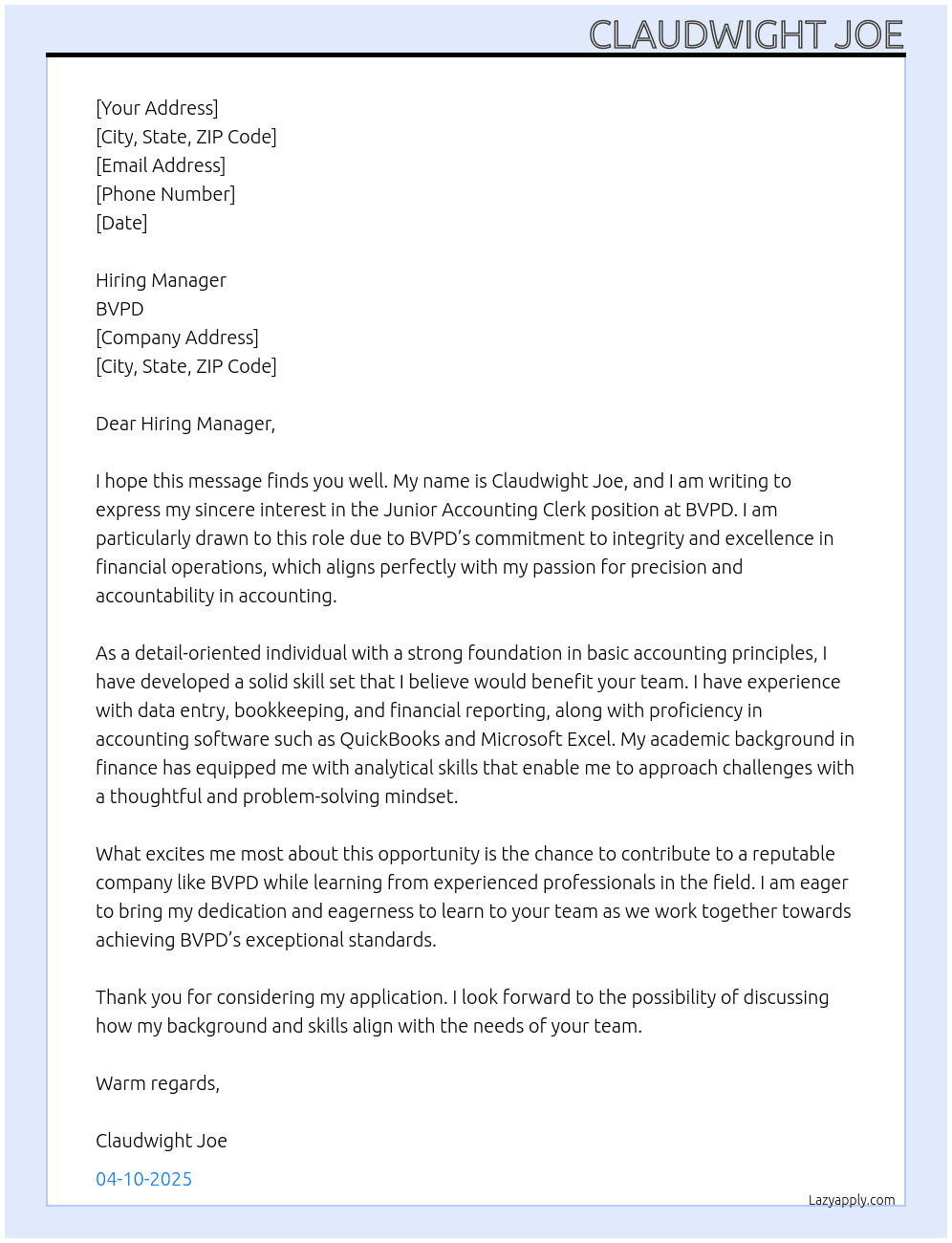 Cover letter for junior accounting clerk - LazyApply