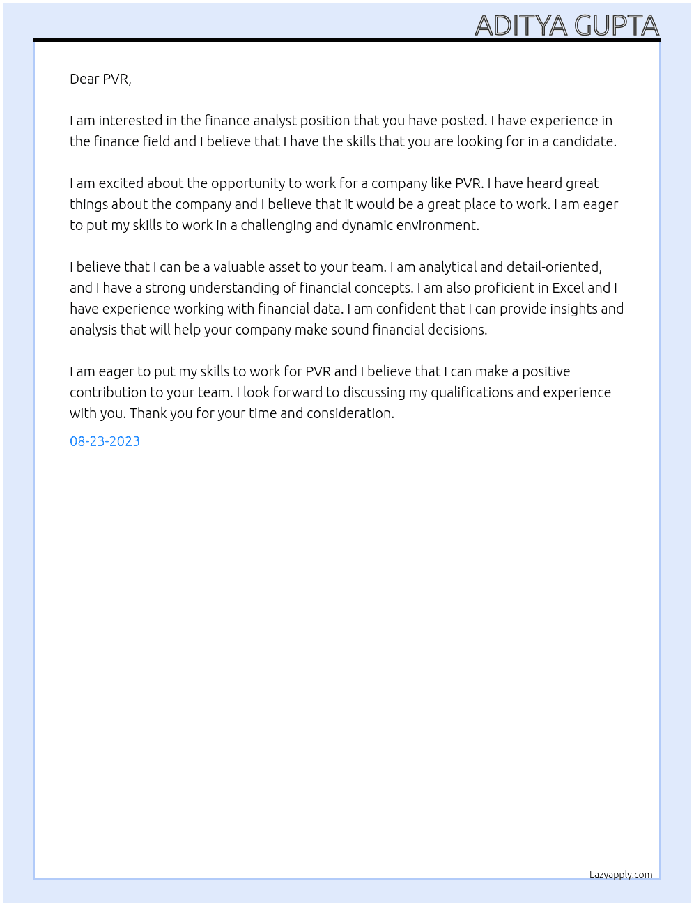Finance anylist  At PVR Cover Letter