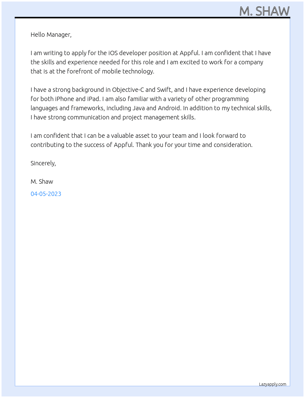 iOS developer At Appful Cover Letter