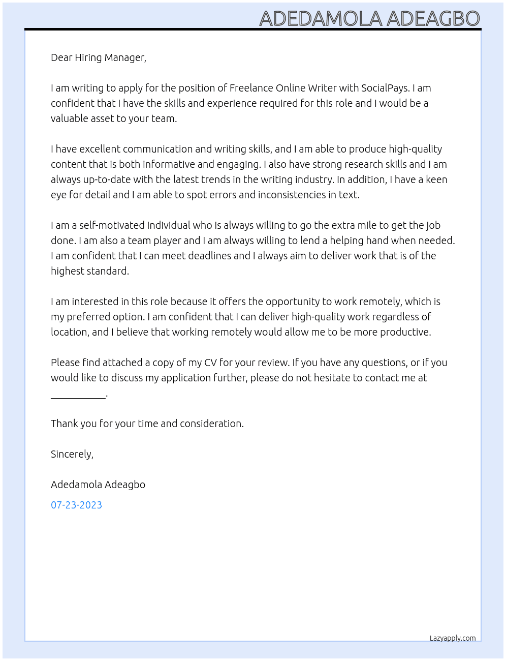 Freelance Online Writer At SocialPays Cover Letter