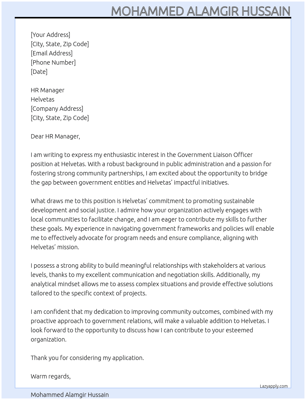 Government Liaison Officer At Helvetas Cover Letter