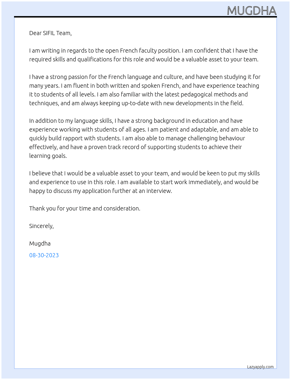 French faculty At SIFIL Cover Letter