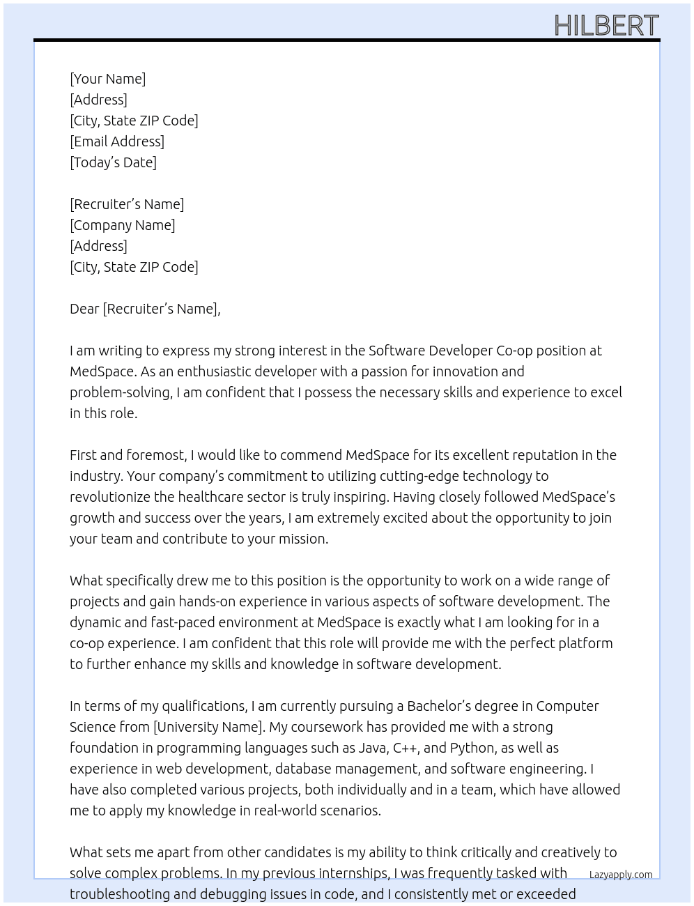 Software Developer Co-op  At MedSpace Cover Letter