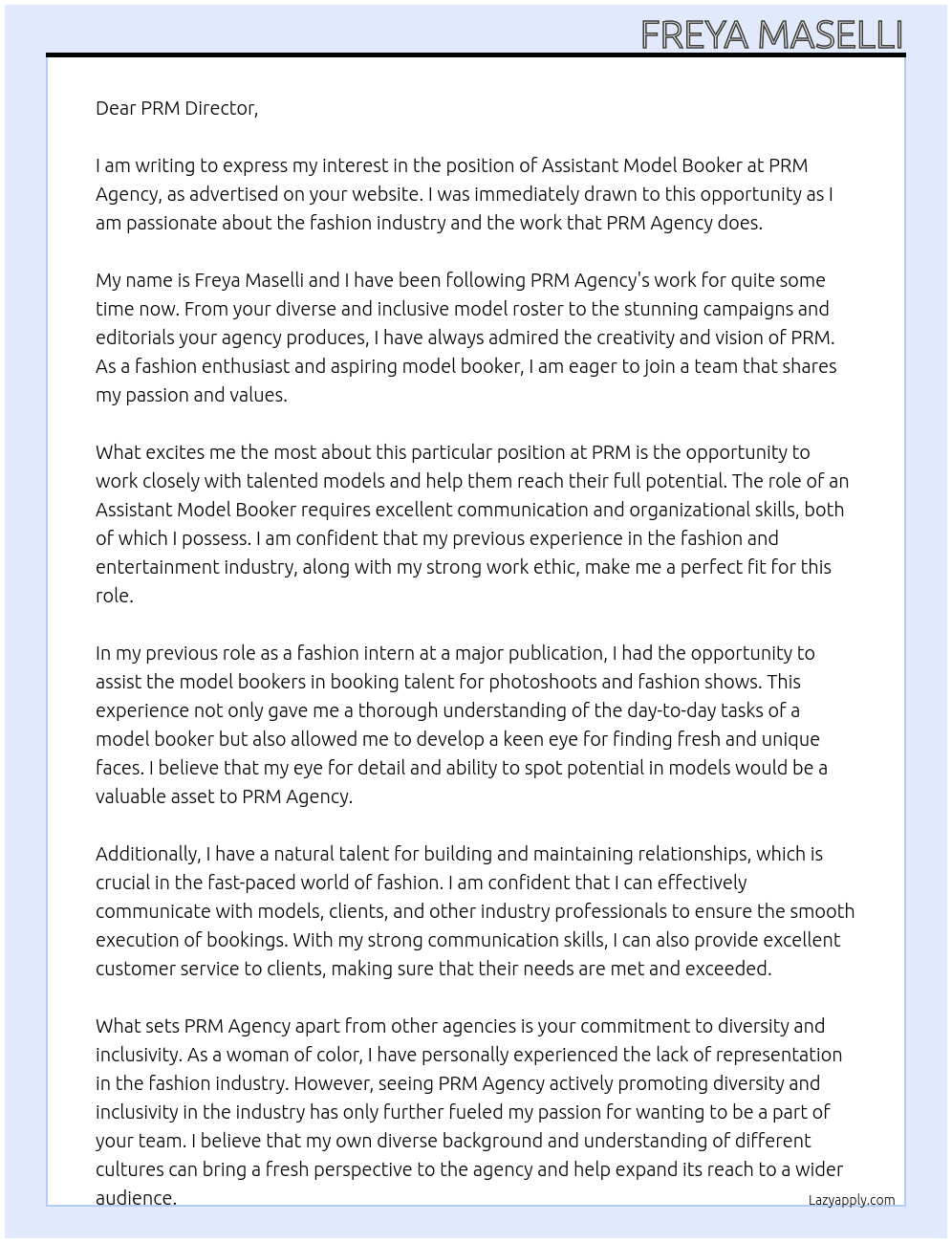 Assistant Model Booker At PRM agency Cover Letter