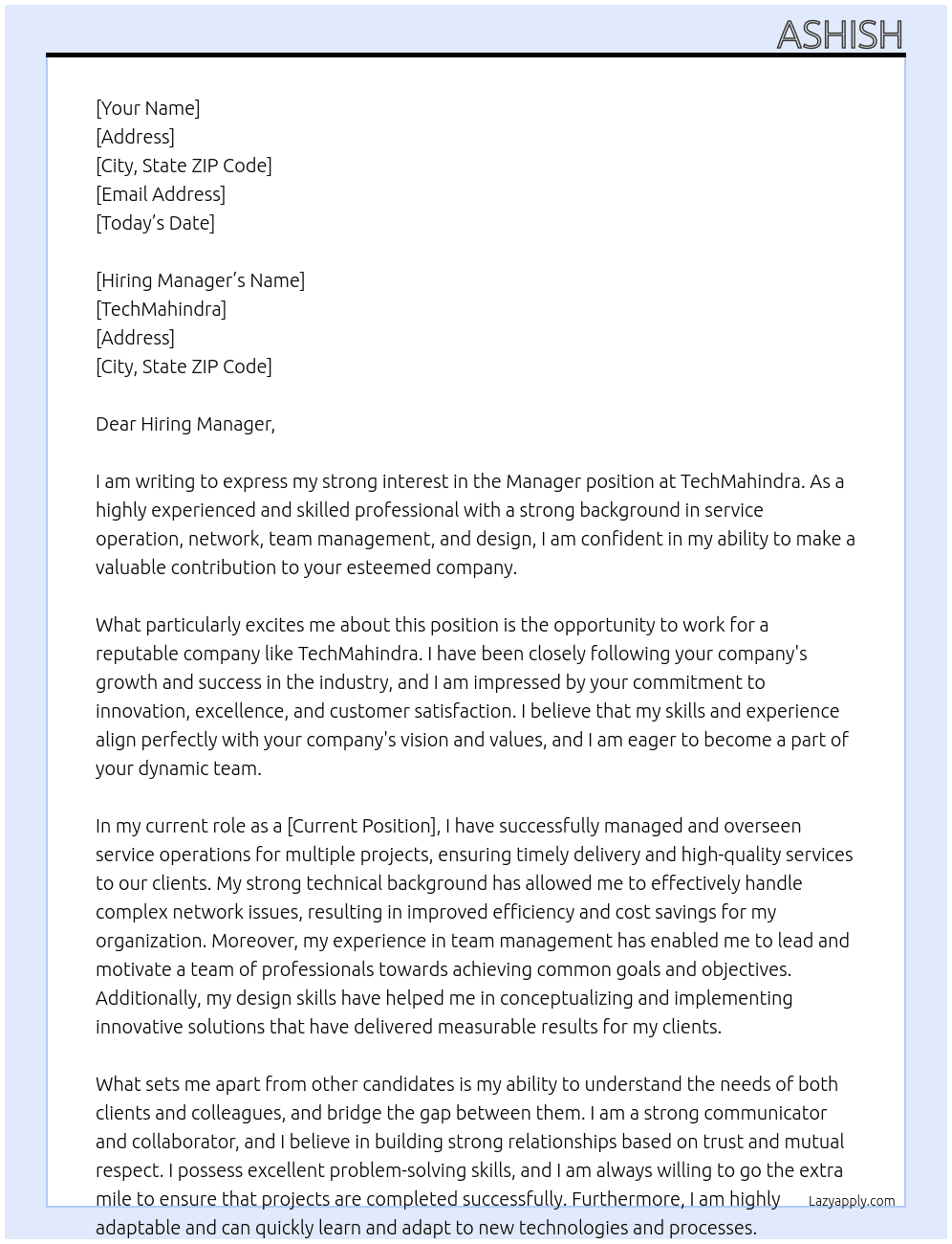 manager At TechMahindra Cover Letter