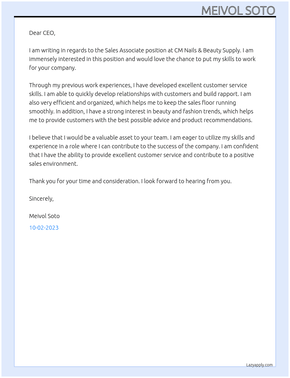 Sales associate - retail At CM Nails & Beauty Supply Cover Letter